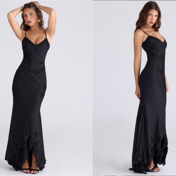 House of CB ANASTELLE Black Hand Beaded Embellished Satin Maxi Dress NWT - Picture 4 of 11